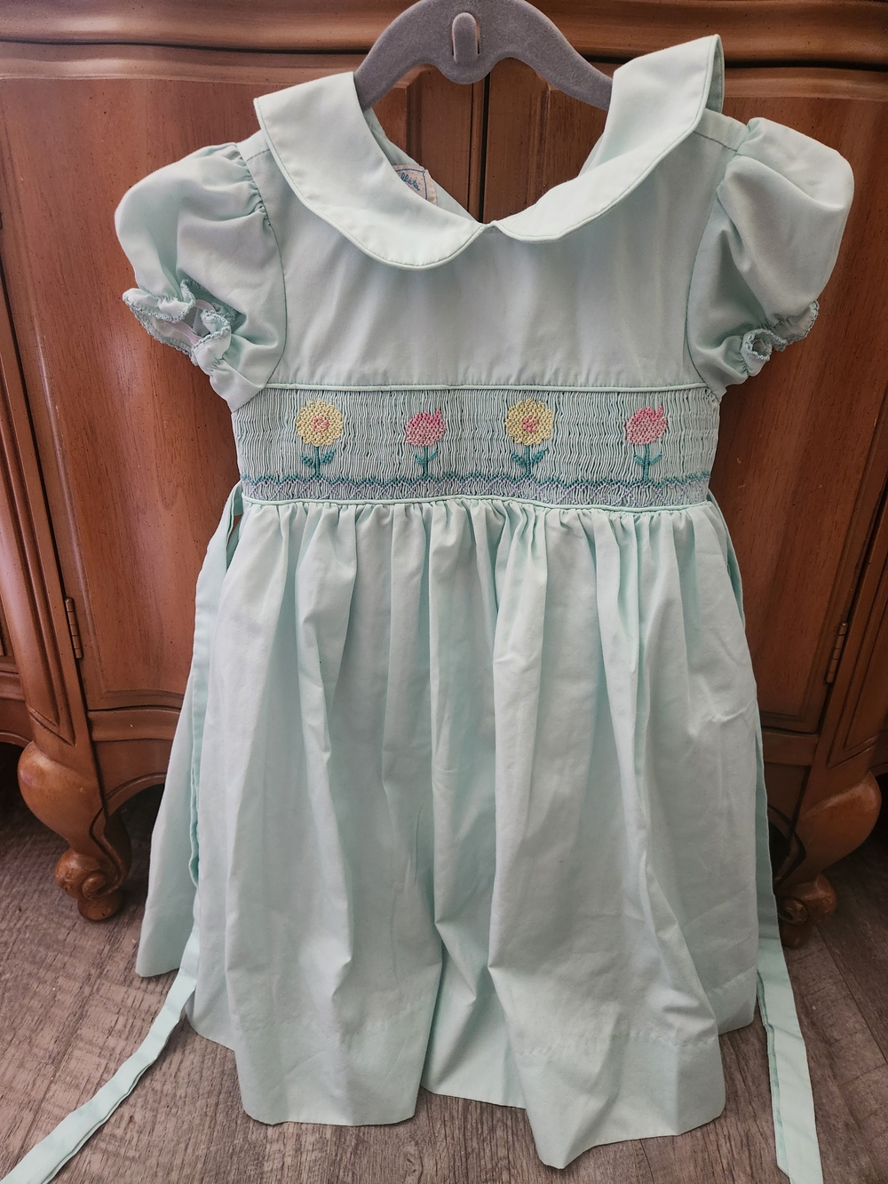 marmellata Mint Smocked Dress with Floral Embroidery